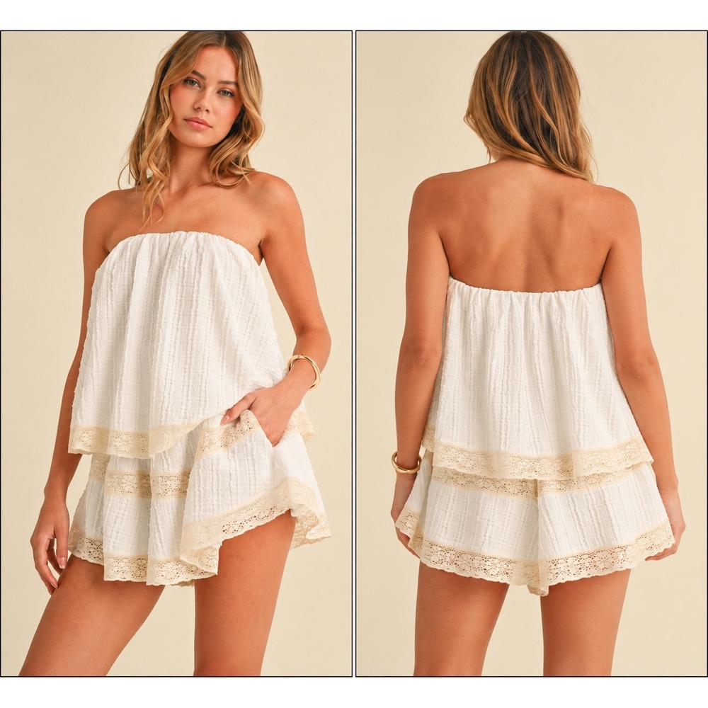 White Textured Tiered Lace Trim Romper Size Small IR2218 Boho Summer